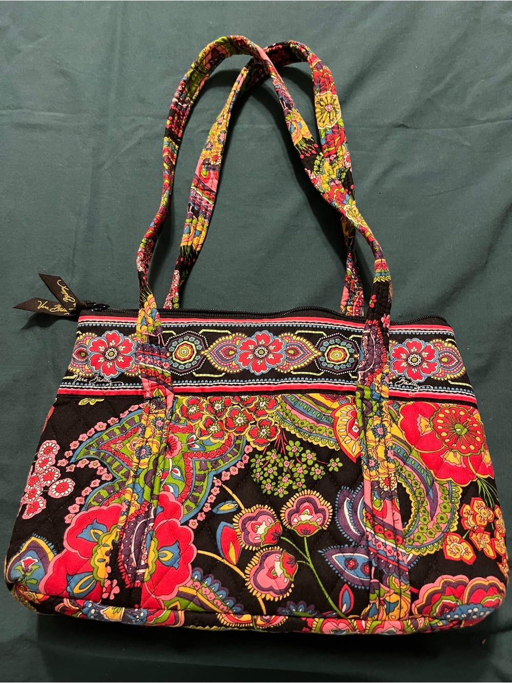 Vera Bradley Black Quilted Shoulder Bag with Pink & Green Floral Print